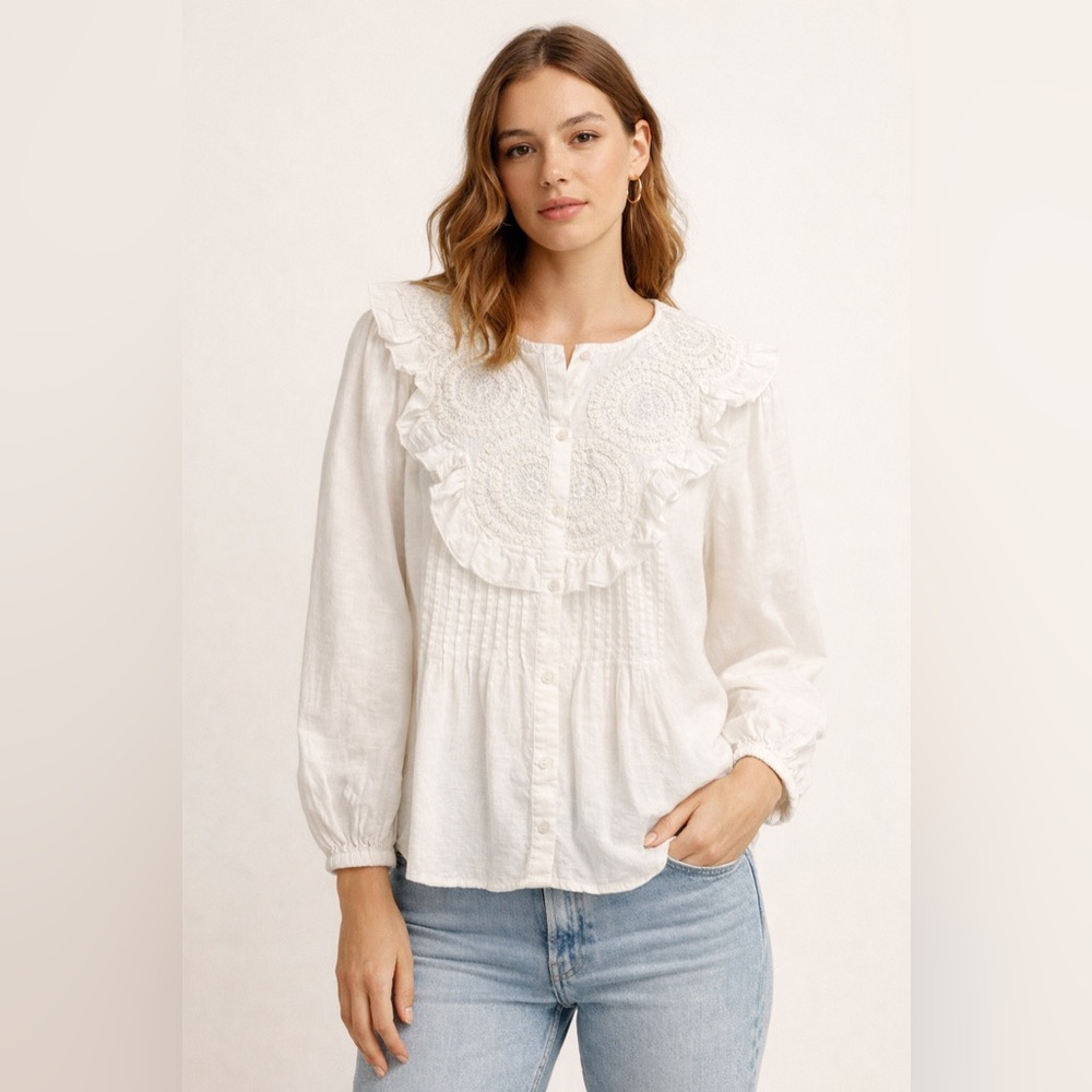 Anthropologie- Seen Worn Kept -White Ruffle Crochet Yoke Button-Front Blouse